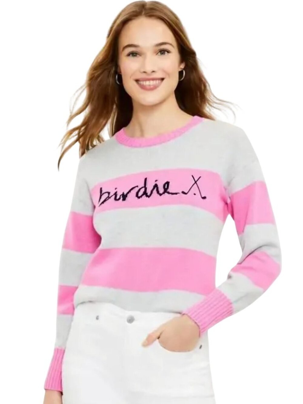 Loft Birdie Golf Sweater Novelty Grey Pink Stripe Sustainable Cotton Size S